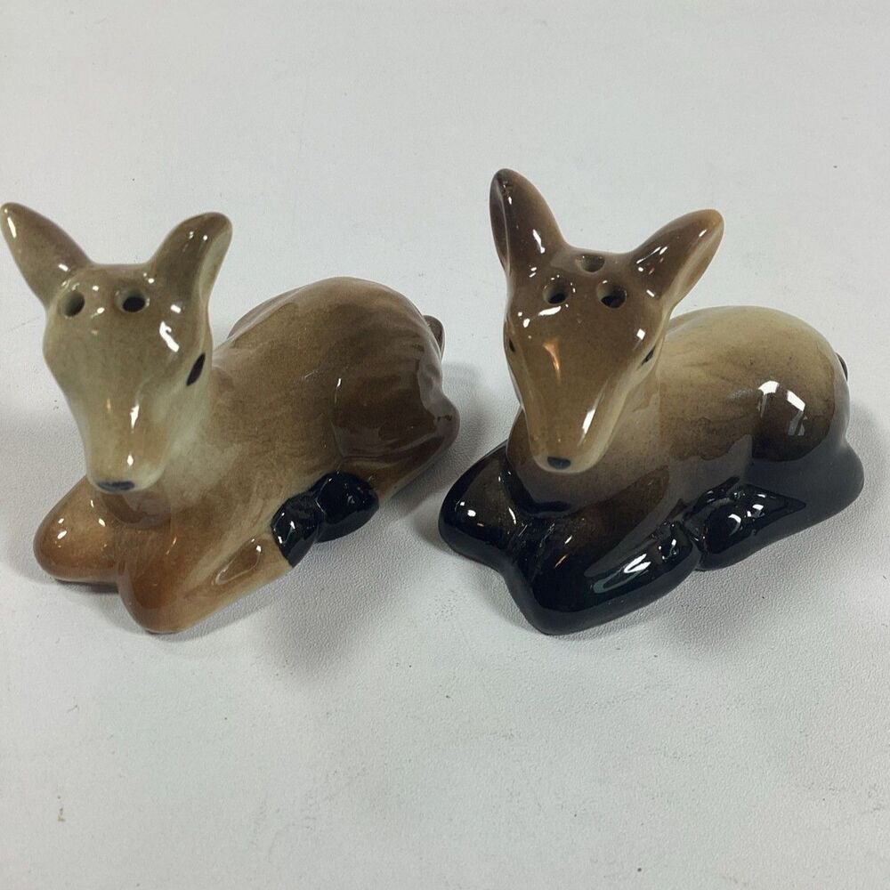Ceramic Deer Salt Pepper Shakers With Stoppers 3" Brown